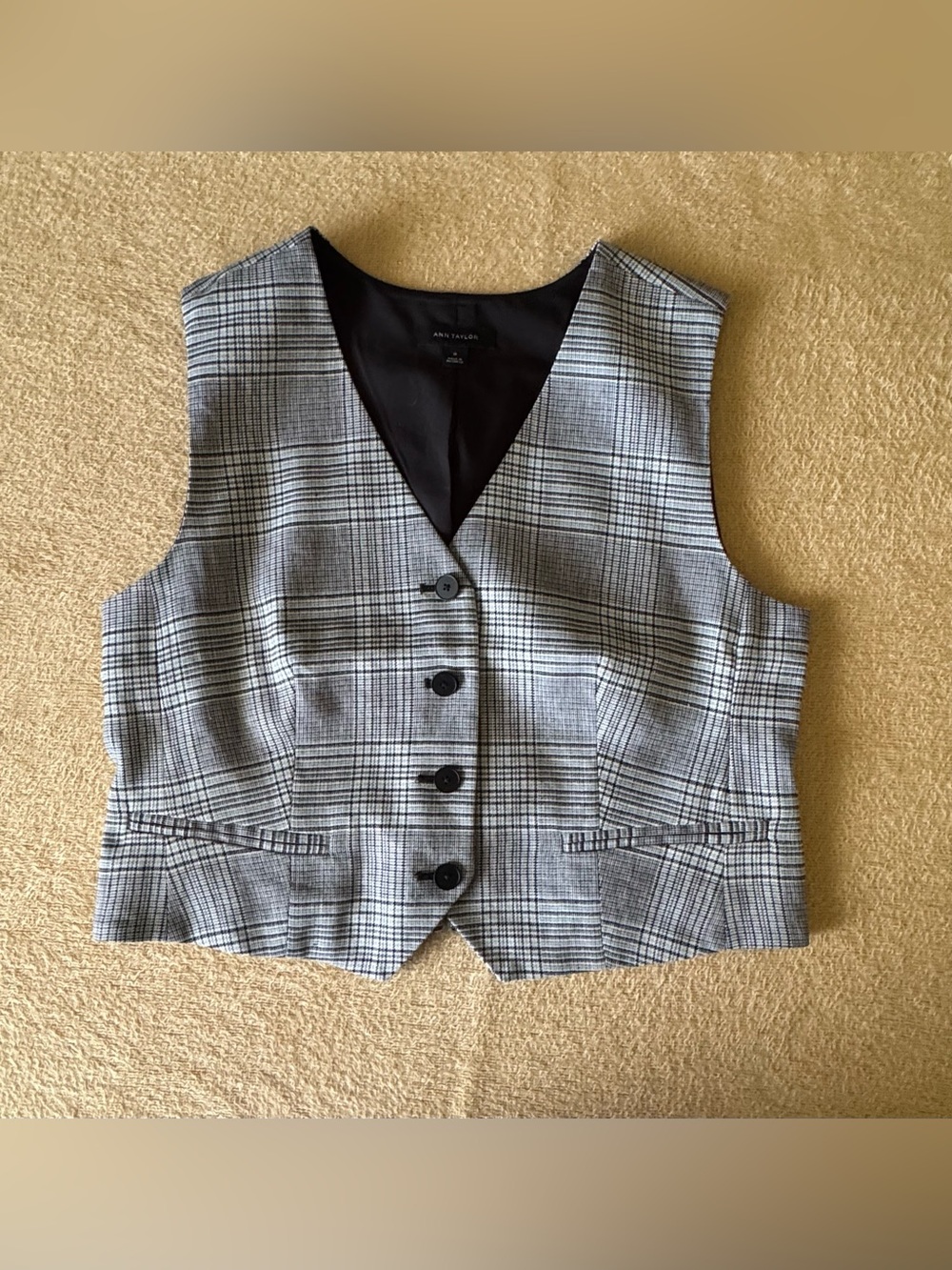 Ann Taylor Black and Gray Plaid Tailored Vest
